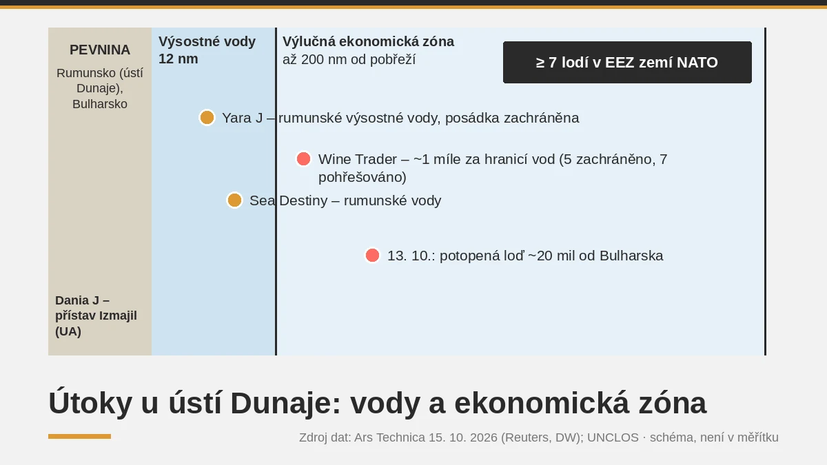 Schéma ústí Dunaje: výsostné vody 12 námořních mil a výlučná ekonomická zóna, polohy zasažených lodí
